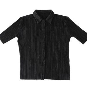 Issey Miyake Style Black Pleated Button Down Shirt